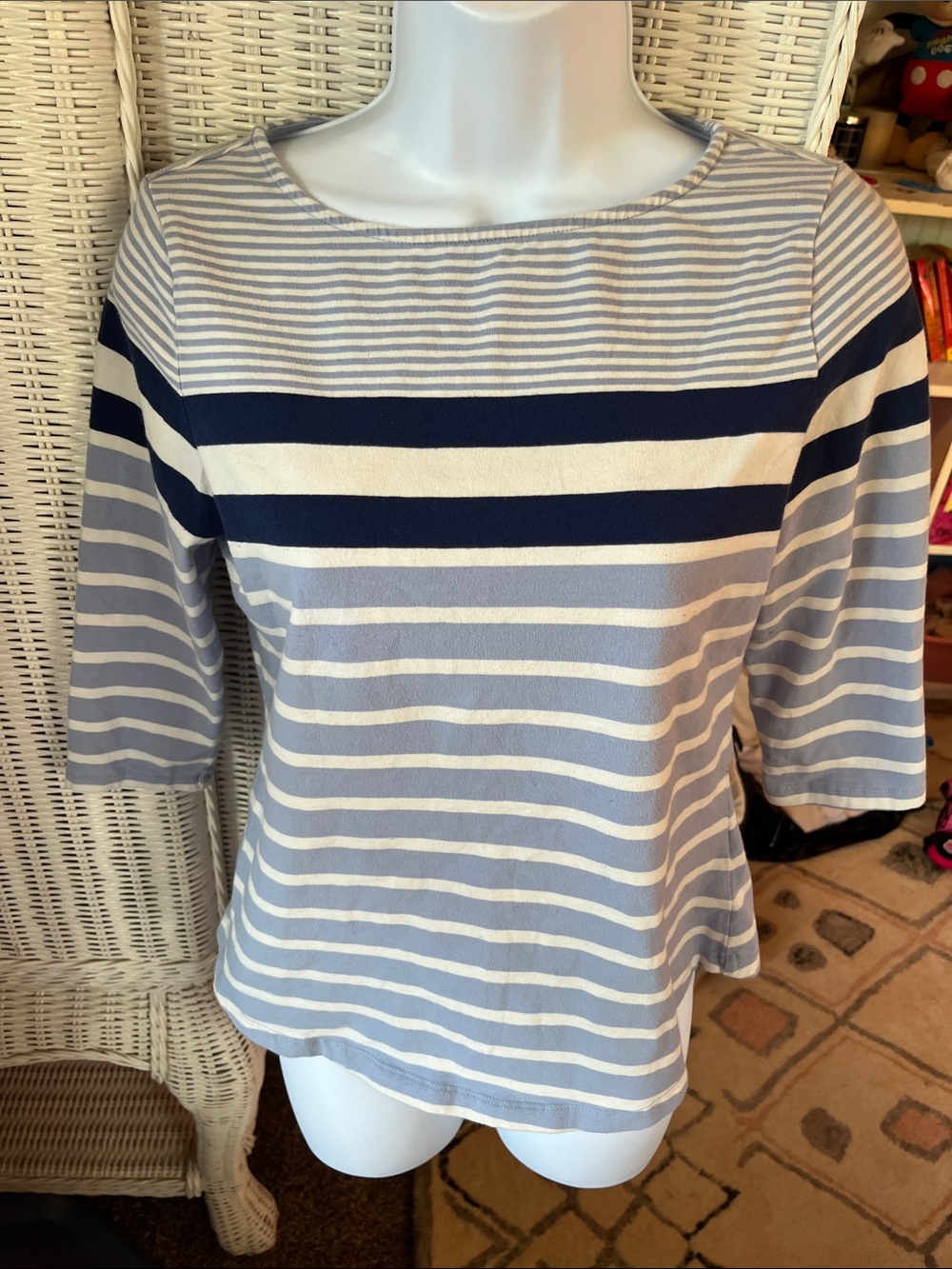 Ruby Rd. Striped Boatneck Tee in Light Blue, Navy & White